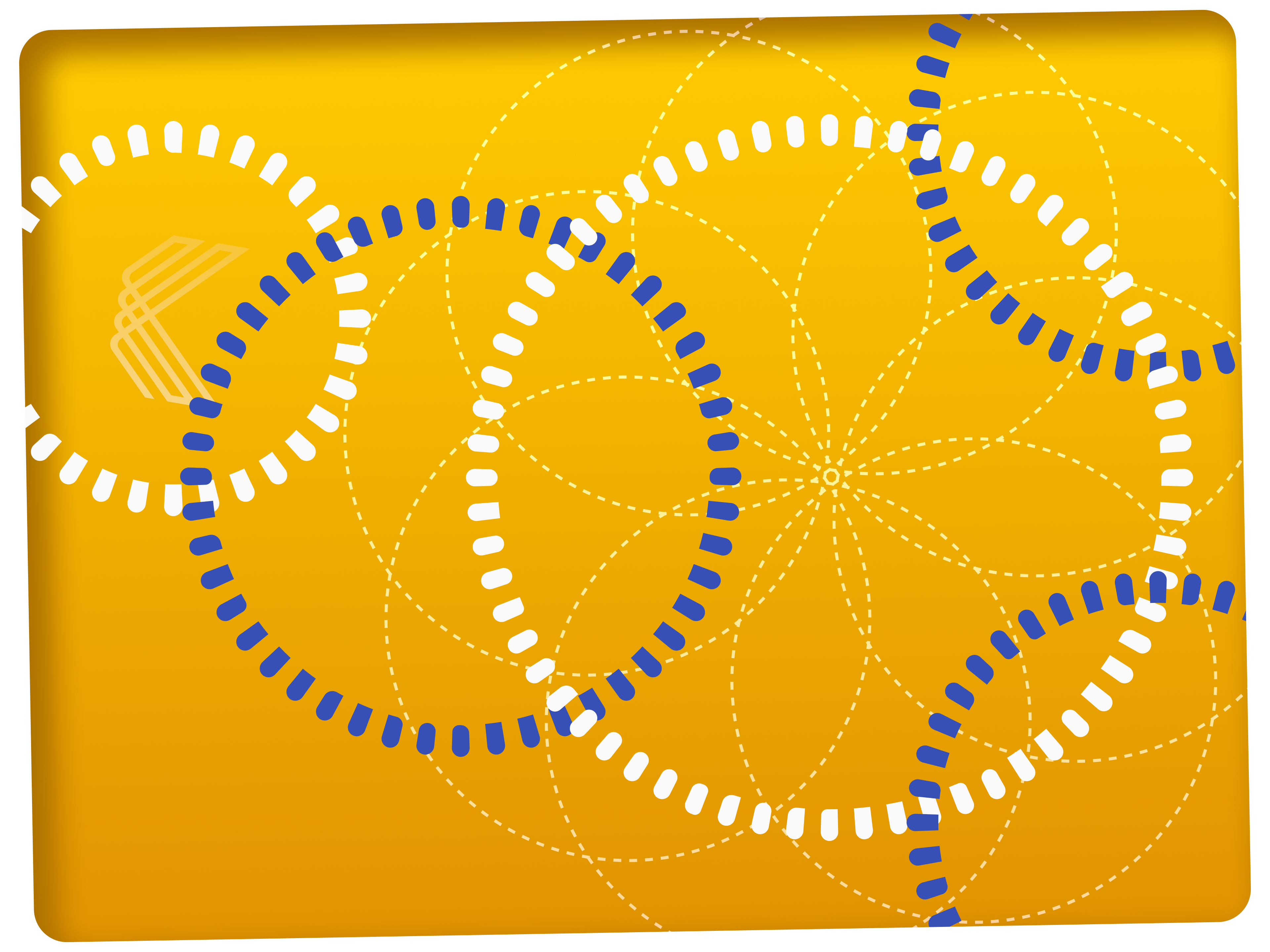 Abstract data visualization showing interconnected circular paths with blue and white dots on golden gradient background - Gears operational framework