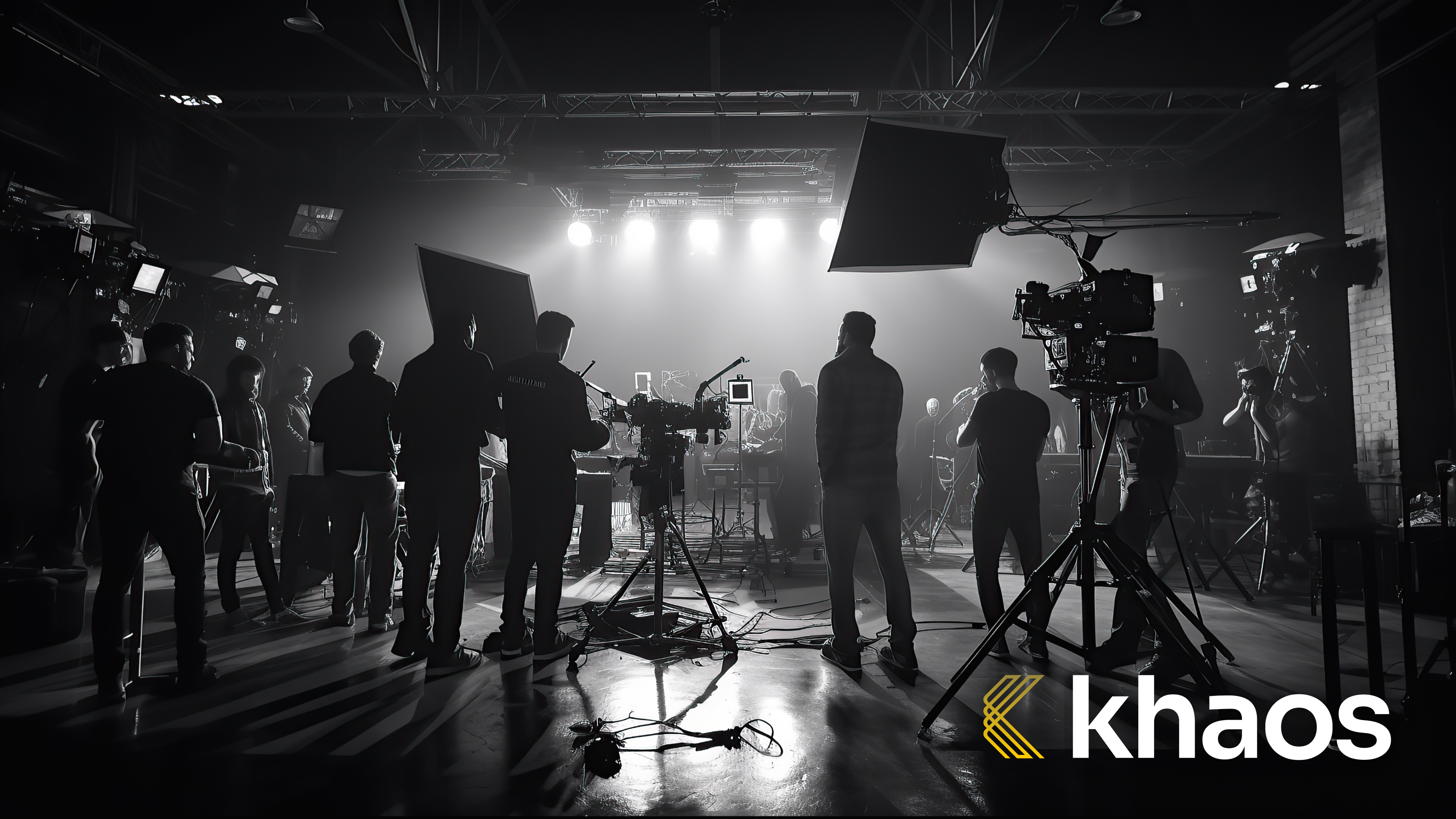 Film production crew working on set with professional cameras and lighting equipment, Khaos logo displayed.