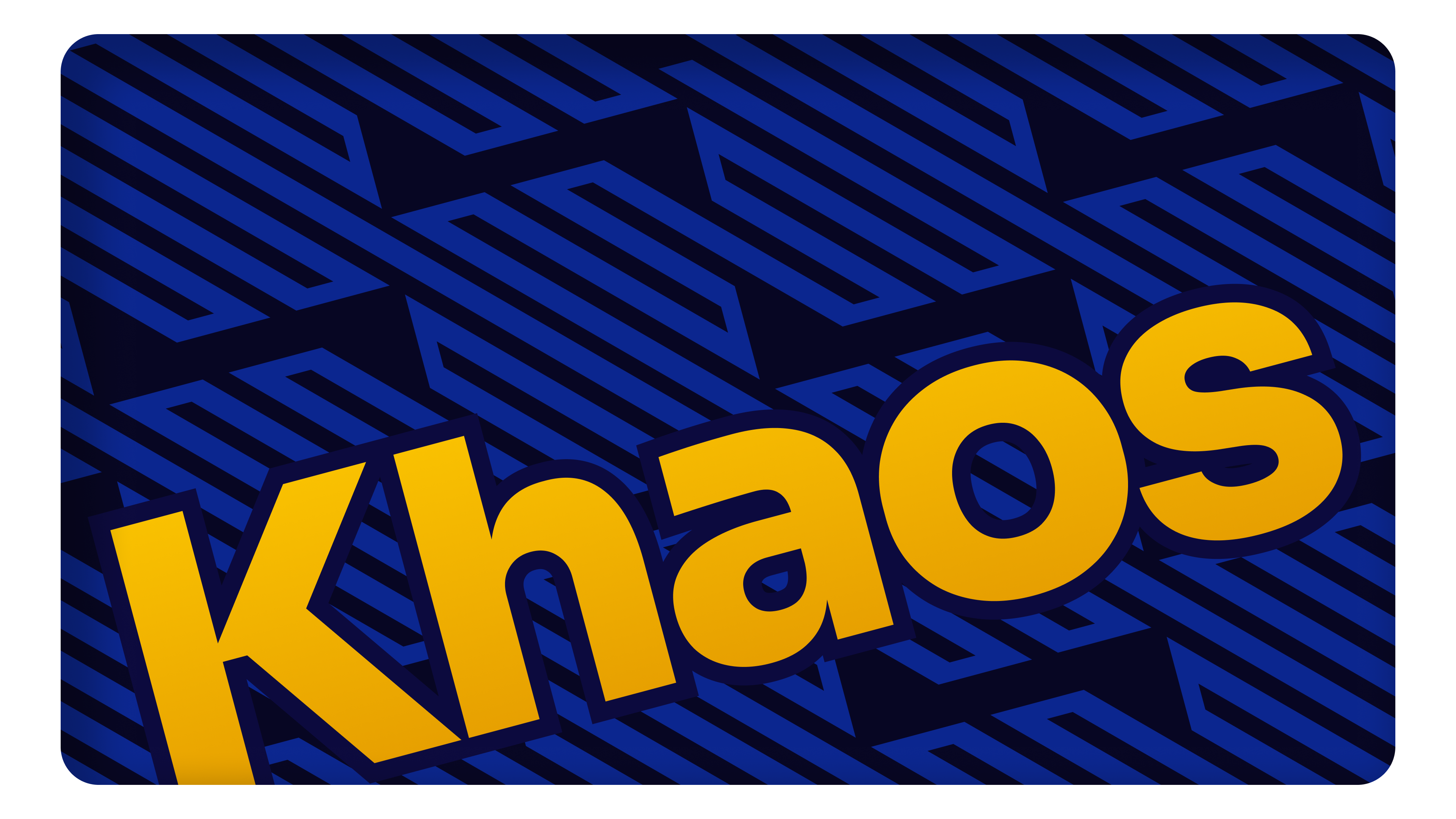 Khaos brand identity with bold yellow typography on blue isometric geometric pattern background